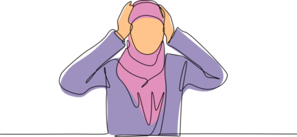 Single continuous line drawing Arabian woman covering or closing her ears with hands, making don't hear or listen gesture. Female does not want to hear or listen. One line draw graphic design png