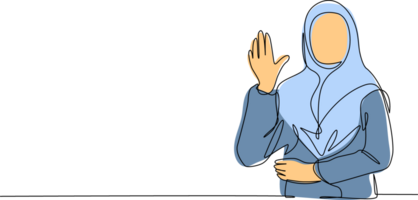 singolo uno linea disegno giovane arabo donna d'affari mostrando palma come fermare cartello, restare, hold o rifiuto gesto. emozione, corpo linguaggio concetto. continuo linea disegnare design grafico illustrazione png