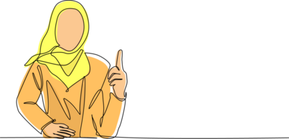 Single continuous line drawing young Arab female pointing up finger while standing and smiling. Happy woman pointing copy space. Emotion and body language concept. One line draw graphic design png