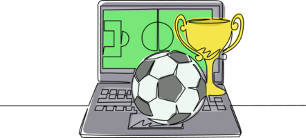 Continuous one line drawing football field on screen laptop with soccer cup and football ball. Laptop with app soccer. Online sports stream championship. Single line draw design illustration png