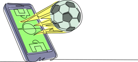 Continuous one line drawing smartphone with app soccer football and ball. Mobile sport stream championship. Online football games. Mobile football. Single line draw design graphic illustration png