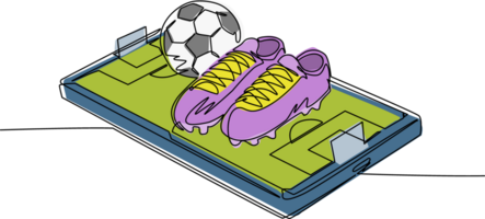 continuo uno línea dibujo fútbol Zapatos y fútbol pelotas en teléfono inteligente pantalla. teléfono inteligente con aplicación fútbol fútbol. móvil deporte corriente campeonato a jugar. soltero línea dibujar diseño gráfico png