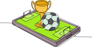 Single continuous line drawing soccer ball and trophy cup over virtual football field smartphone screen. Mobile football soccer. Online soccer game with live mobile app. One line draw design png