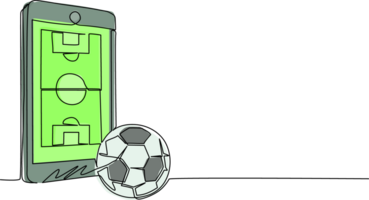 soltero continuo línea dibujo teléfono inteligente con aplicación fútbol fútbol americano campo y pelota. móvil deporte corriente campeonato a jugar. en línea fútbol americano juegos. uno línea dibujar gráfico diseño ilustración png