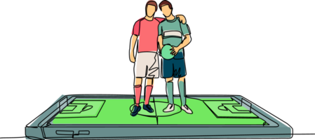 Single kontinuierlich Linie Zeichnung zwei Fußball Spieler Umarmung jeder andere auf Oberfläche von Smartphone. Handy, Mobiltelefon Fußball Fußball. Handy, Mobiltelefon Sport abspielen passen. dynamisch einer Linie zeichnen Grafik Design Illustration png