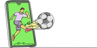 Single continuous line drawing soccer player shooting ball and getting out of smartphone screen. Mobile sports play match. Online soccer game with live mobile app. One line draw graphic design png