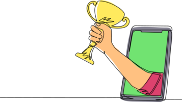 Continuous one line drawing trophy in hand coming out from mobile screen. Smartphone with app soccer football. Mobile sports stream championship to play. Single line draw design illustration png