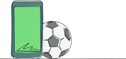 Single one line drawing smartphone and football ball. Online football games. Smartphone applications. Online soccer game with live mobile app. Continuous line draw design graphic illustration png