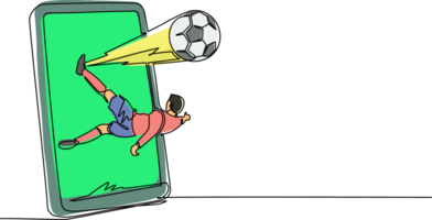 Continuous one line drawing football player kicks some overhead ball out of smartphone screen. Mobile sports play match. Online soccer game with live mobile app. Single line draw design graphic png