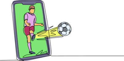 Single one line drawing soccer player kicks soccer ball out of smartphone screen. Smartphone with app soccer football. Mobile sports stream championship to play. Continuous line draw design png