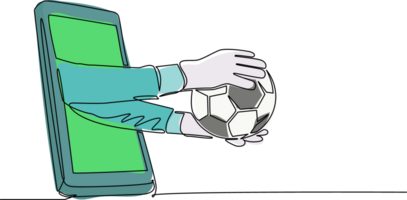 Single one line drawing goalkeeper hand holds soccer ball through mobile. Concept for online games, sports broadcasts. Smartphone with app soccer football. Continuous line draw design graphic png