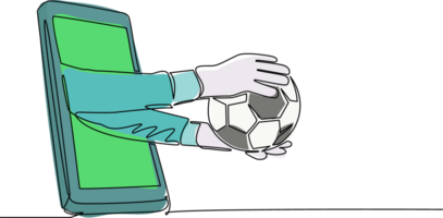 Célibataire un ligne dessin gardien de but main détient football Balle par mobile. concept pour en ligne Jeux, des sports émissions. téléphone intelligent avec app football football. continu ligne dessiner conception graphique png