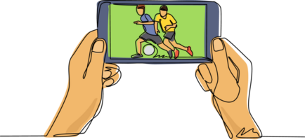 Single one line drawing soccer or football league live streaming on mobile phone. Man hands holding smartphone and watch any live football match online. Continuous line draw design illustration png