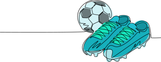 Single continuous line drawing football shoes and soccer ball. Football icon. Soccer ball boots. Sports inventory. For sport store ad, app pictogram, infographics. One line draw graphic design png