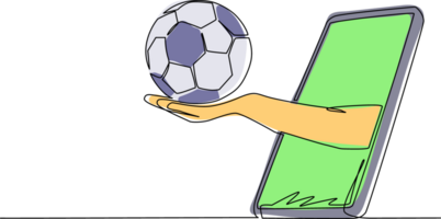 Single continuous line drawing hand holds soccer ball through smartphone. Concept for online games, sports broadcasts. Online football games. Dynamic one line draw graphic design illustration png