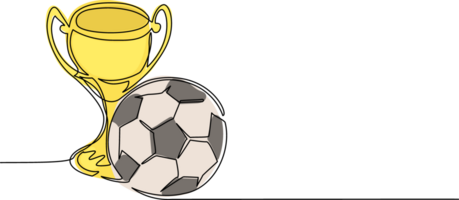 continuo uno línea dibujo trofeo y fútbol americano pelota. campeón taza icono con fútbol pelota. campeonato trofeo. deporte torneo otorgar, ganador taza y victoria concepto. soltero línea dibujar diseño png