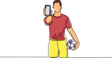 Single continuous line drawing soccer player holding football ball and smartphone. Mobile football soccer. Mobile sport play match. Online soccer game with live mobile app. One line draw design png