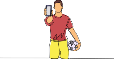 solteiro contínuo linha desenhando futebol jogador segurando futebol bola e Smartphone. Móvel futebol futebol. Móvel esporte jogar corresponder. conectados futebol jogos com viver Móvel aplicativo. 1 linha desenhar Projeto png