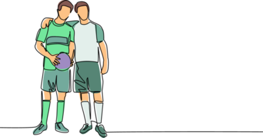 contínuo 1 linha desenhando dois futebol jogadoras abraço cada outro. dois amigáveis caminhando juntos depois de Combine finalizado. masculino futebol jogadoras a comemorar objetivo com abraço. solteiro linha desenhar Projeto png