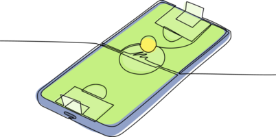 enda kontinuerlig linje teckning fotboll fält på smartphone skärm. mobil fotboll fotboll. mobil sporter spela match. uppkopplad fotboll spel med leva mobil app. ett linje dra design illustration png