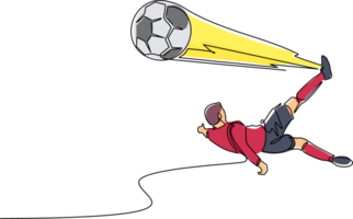 Single one line drawing soccer player doing overhead kick shot. Soccer player in action of jump over kick soccer ball to make score goal. Modern continuous line draw design graphic illustration png