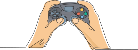 solteiro 1 linha desenhando jovem homem mãos segurando vídeo jogos console. jogador segurando dentro mão controle. homem jogando vídeo jogo. lazer Tempo às lar. contínuo linha desenhar Projeto gráfico ilustração png