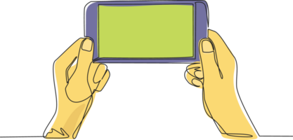 Single one line drawing two hands holding phone and touching screen. Mobile football streaming. Mobile sports play match. Online soccer game with live mobile app. Continuous line draw design png