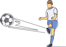 Single one line drawing soccer player kicks soccer ball. Football player kicking ball. Footballer scored goal. Soccer sport, team game concept. Modern continuous line draw design illustration png