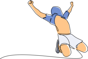 Continuous one line drawing young man football player is celebrating goal on stadium with his jersey on head. Match soccer goal celebration concept. Single line draw design graphic illustration png