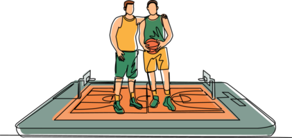 Single one line drawing two basketball players embrace each other on surface of smartphone. Mobile basketball. Mobile sports play match. Modern continuous line draw design graphic illustration png