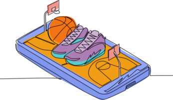 Single kontinuierlich Linie Zeichnung Basketball Schuhe und Basketball Bälle auf Smartphone Bildschirm. Smartphone mit App Basketball. Handy, Mobiltelefon Sport Strom Meisterschaft zu spielen. einer Linie zeichnen Grafik Design png