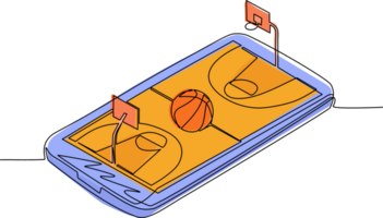 Continuous one line drawing basketball online concept. Isometric basketball field, ball and indicator board placed on smartphone screen. Online basketball games. Single line draw design graphic png