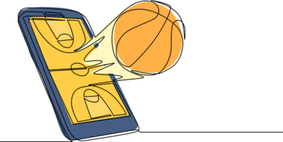 kontinuerlig ett linje teckning smartphone med app basketboll domstol och basketboll boll. uppkopplad basketboll spel. smartphone applikationer. mobil basketboll.. enda linje dra design illustration png