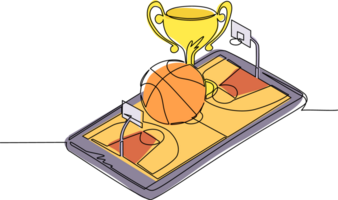 continuo uno linea disegno pallacanestro palla e trofeo tazza al di sopra di virtuale pallacanestro Tribunale smartphone schermo. in linea pallacanestro Giochi. smartphone applicazione. singolo linea disegnare design illustrazione png