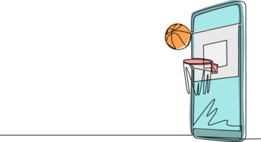 Single continuous line drawing smartphone with app basketball hoop and ball. Smartphone with app basketball. Mobile sports stream championship to play. One line draw graphic design illustration png