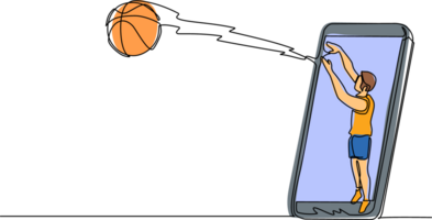 Continuous one line drawing basketball player shooting ball out of smartphone screen. Online basketball games. Smartphone applications. Mobile basketball. Single line draw design illustration png