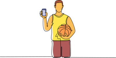 Single continuous line drawing basketball player holding basketball ball and smartphone. Smartphone with app basketball. Mobile sports stream championship to play. One line draw graphic design png