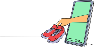 Single einer Linie Zeichnung Basketball Schuhe im Hand Kommen aus von Smartphone Bildschirm. Handy, Mobiltelefon Basketball. online Basketball Spiel mit Leben Handy, Mobiltelefon App. kontinuierlich Linie zeichnen Design Illustration png