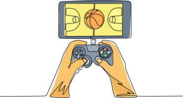 soltero uno línea dibujo teléfono inteligente conectado con gamepad y jugando baloncesto juegos. móvil baloncesto. móvil e-sports jugar fósforo. moderno continuo línea dibujar diseño gráfico ilustración png