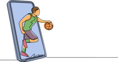 Single continuous line drawing basketball player running and dribbling with ball out of smartphone screen. Smartphone with app basketball. Dynamic one line draw graphic design illustration png