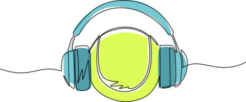 Continuous one line drawing tennis ball with headphone. Tennis commentator sport icon white isolated. Flat cartoon style suitable for web, banner, sticker. Single line draw design illustration png