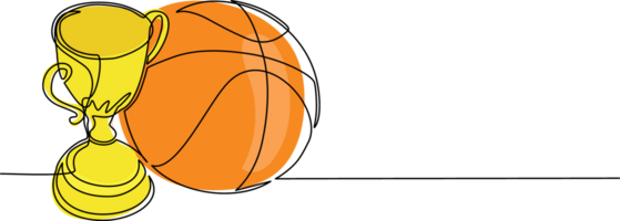 Single one line drawing trophy and basketball ball. Champion cup icon with basketball. Championship trophy. Sport tournament award, winner cup and victory concept. Continuous line draw design png