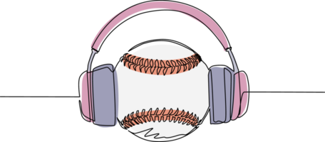 Continuous one line drawing baseball ball with headphone. Baseball commentator sport icon concept white isolated. Flat cartoon style suitable for web, banner, sticker. Single line draw design png