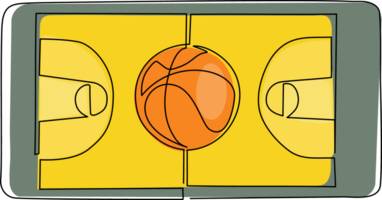 Continuous one line drawing basketball court and basketball ball in smartphone screen. Online basketball games. Smartphone applications. Mobile basketball. Single line draw design illustration png