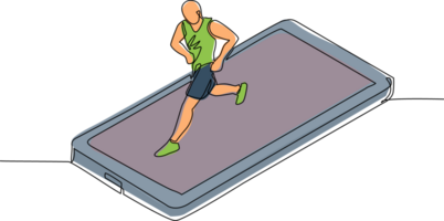 Single einer Linie Zeichnung Mann Laufen auf Smartphone Bildschirm Laufband. Übung Fitness App und Sport. Cardio Steuerung Digital Mobilität Übung Athlet. kontinuierlich Linie zeichnen Design Illustration png