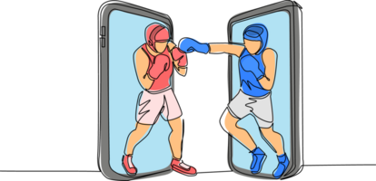 Single one line drawing boxers comes out from cellular phone ready to fight. Fighters in sportswear sparring, training. Competitive sport, single combat. Continuous line draw design graphic png