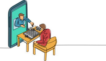 kontinuierlich einer Linie Zeichnung online Schach Bildung Konzept. zwei jung Mann Sitzung beim Tabelle mit Schachbrett. Lehrer zeigt an Wie zu abspielen von Smartphone. Single Linie zeichnen Design Illustration png