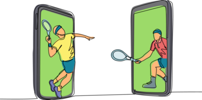 Single continuous line drawing two tennis players comes out from cellular phone ready to play. Two men tennis players in tennis court and one serving tennis ball isolated. One line draw design png