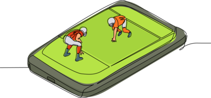 Single continuous line drawing american football field with two players on smartphone screen. Professional sports competition, american football game, mobile app. One line draw graphic design png