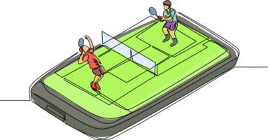 Single one line drawing tennis court with two players on smartphone screen. Professional sports competition, tennis players during match, mobile app. Modern continuous line draw design graphic png